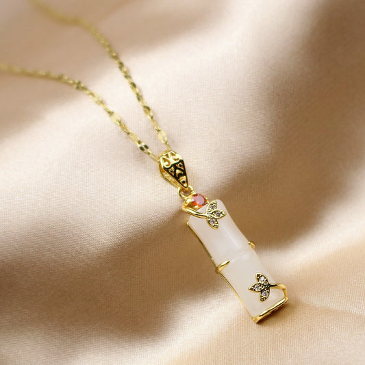 Gold Plated Stainless Steel Necklace Jewelry Long Bamboo Shape White Gemstone Pendant Necklace